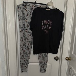 Bobbie Brooks Black Top and Light Gray Coffee-Print Pajama Set